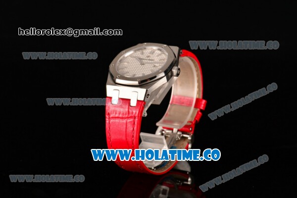 Audemars Piguet Royal Oak Lady Swiss Quartz Steel Case with Red Leather Strap White Dial and Stick Markers - Click Image to Close